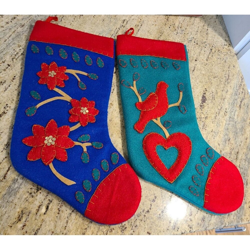Lot of 2 Prima Creations Christmas Stocking 18” Flower Cardinal Heart Felt